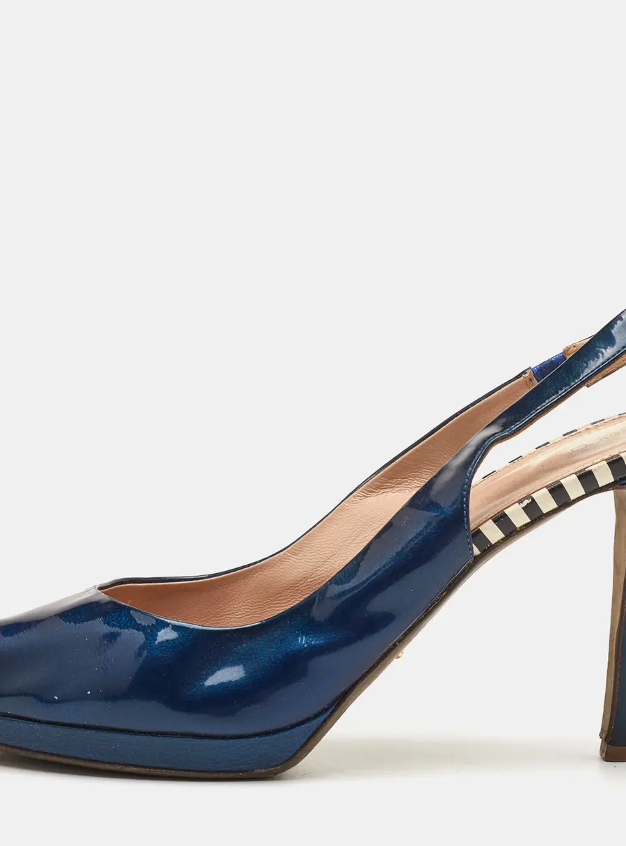 Sergio Rossi Size 40 Navy Blue Patent Leather Peep Toe Slingback Sandals