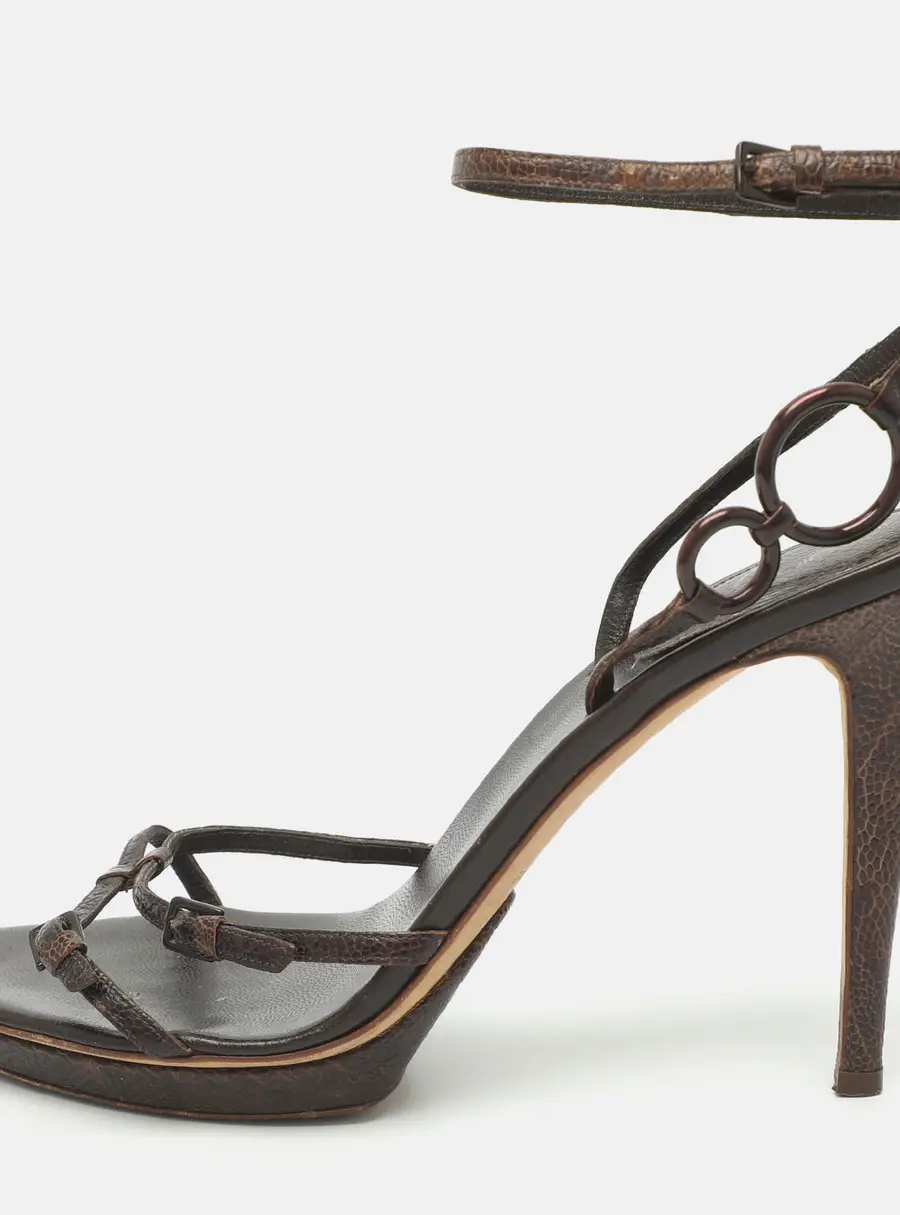 Sergio Rossi Size 40 Brown Textured Leather Ankle Strap Sandals