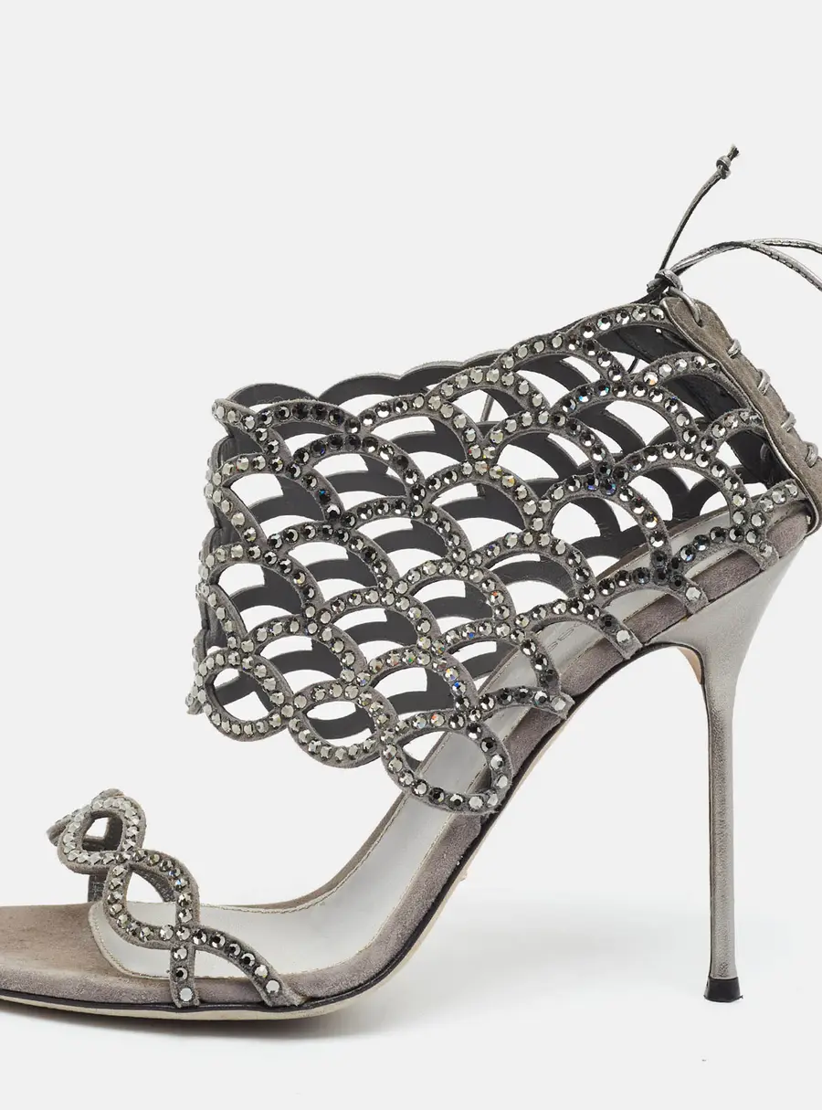 Sergio Rossi Size 39 Grey Suede Crystal Embellished Ankle Strap Sandals