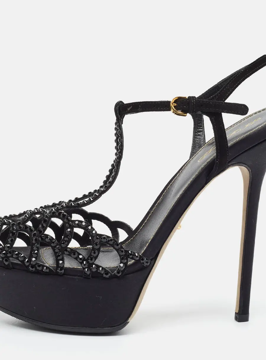 Sergio Rossi Size 38 Black Satin Ankle Strap Sandals