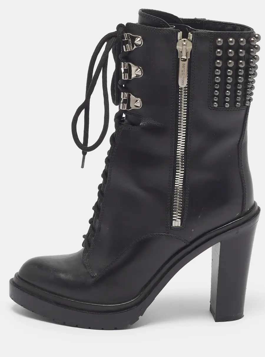 Sergio Rossi Size 37 Black Leather Metal Stones Ankle Length Boots