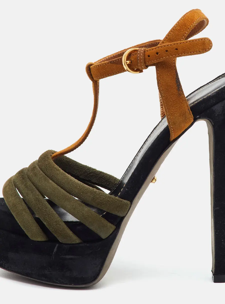 Sergio Rossi Size 34.5 Multicolor Suede Colorblock T-Strap Platform Sandals