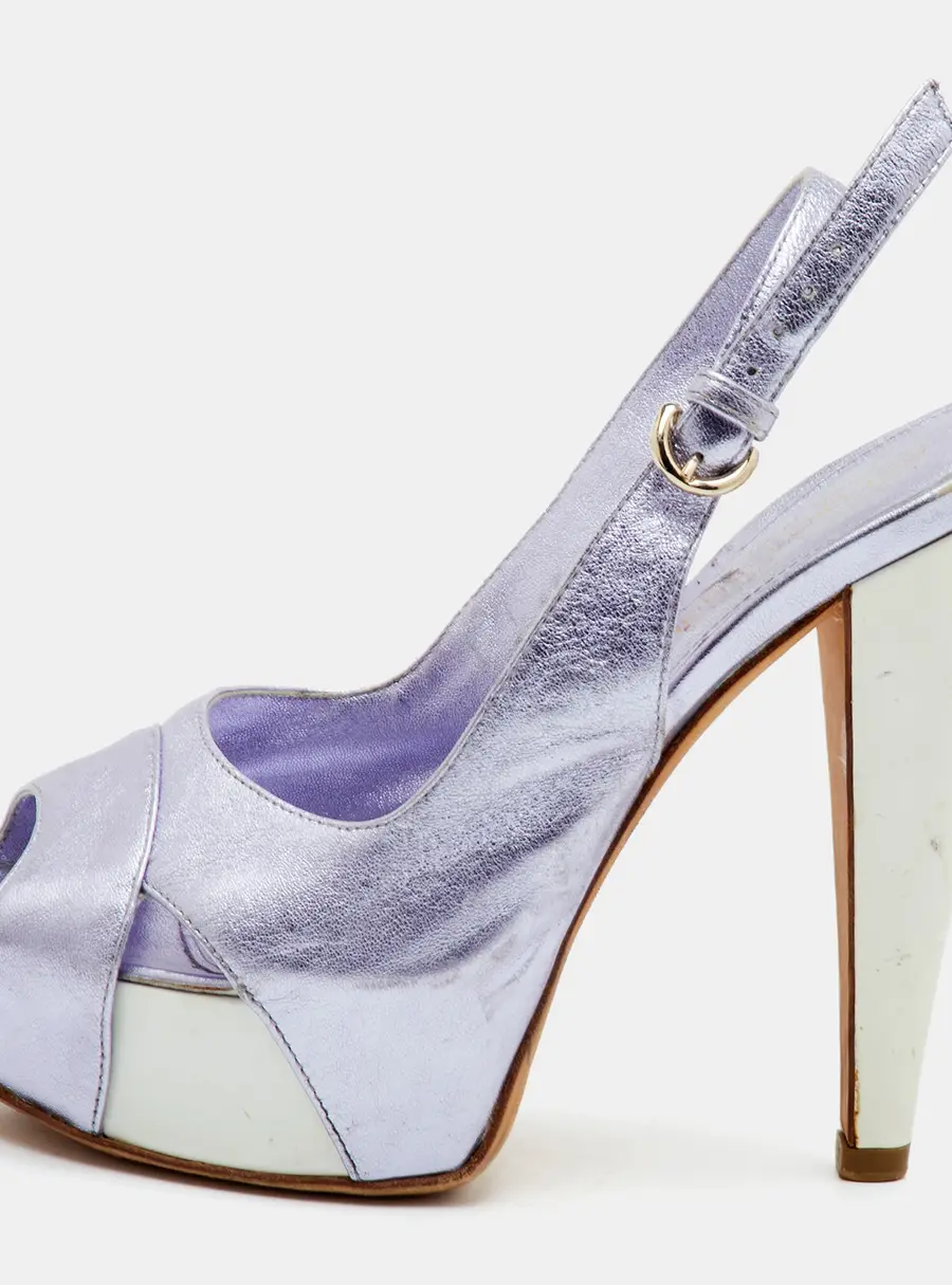 Sergio Rossi Size 34.5 Metallic Purple Leather Open Toe Platform Slingback Sandals