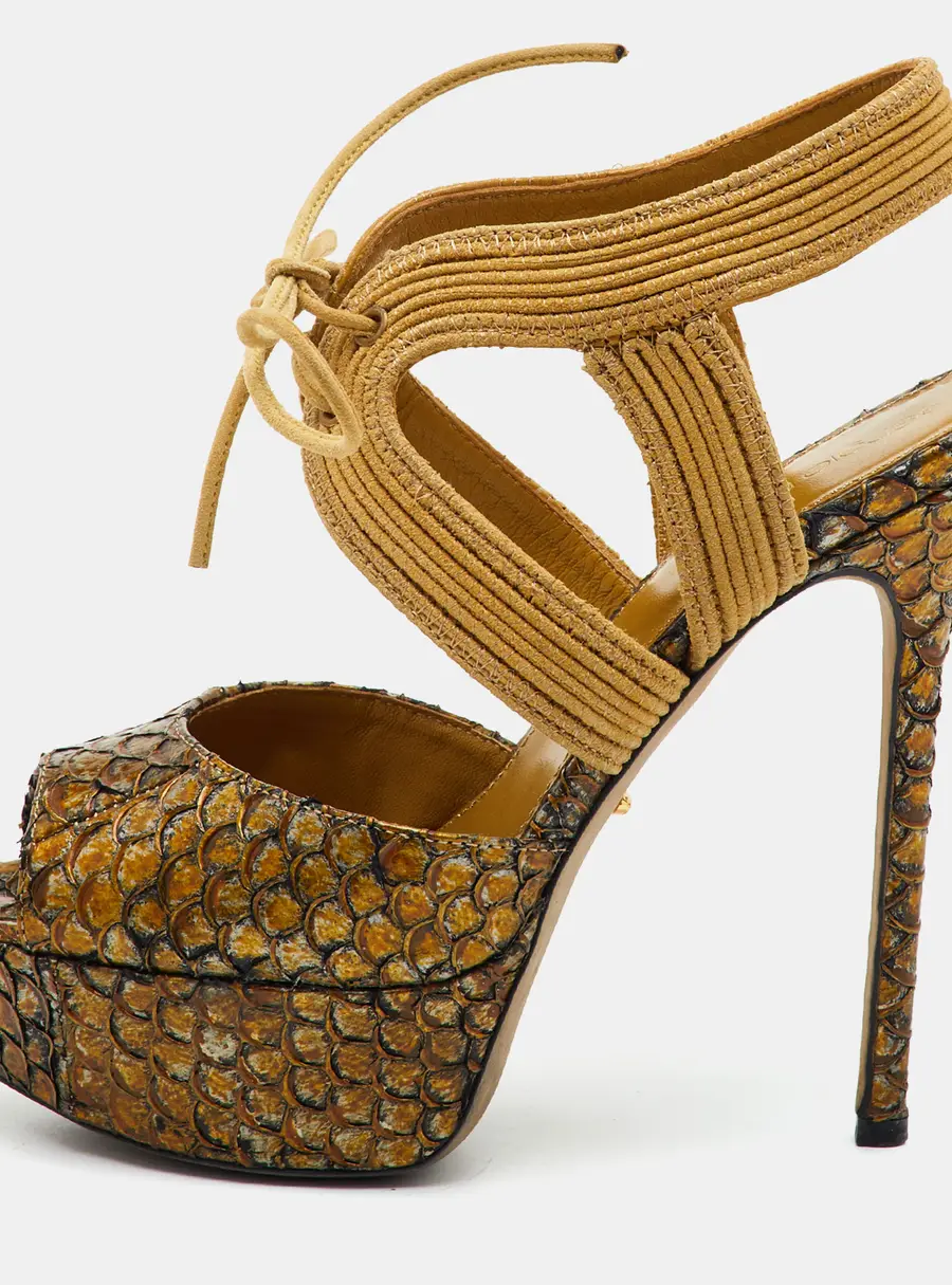 Sergio Rossi Size 36 Multicolor Python Embossed Leather Platform Ankle Tie Sandals