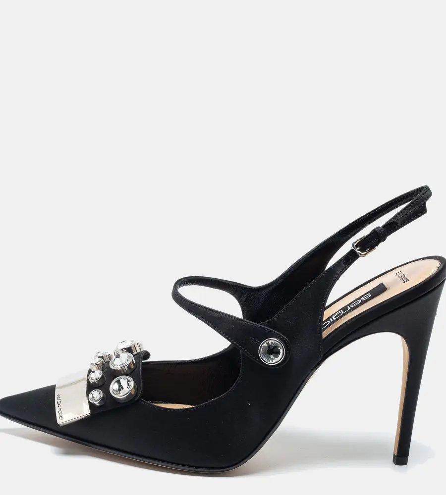Sergio Rossi Black Satin Embellished Slingback Sandals Size 40