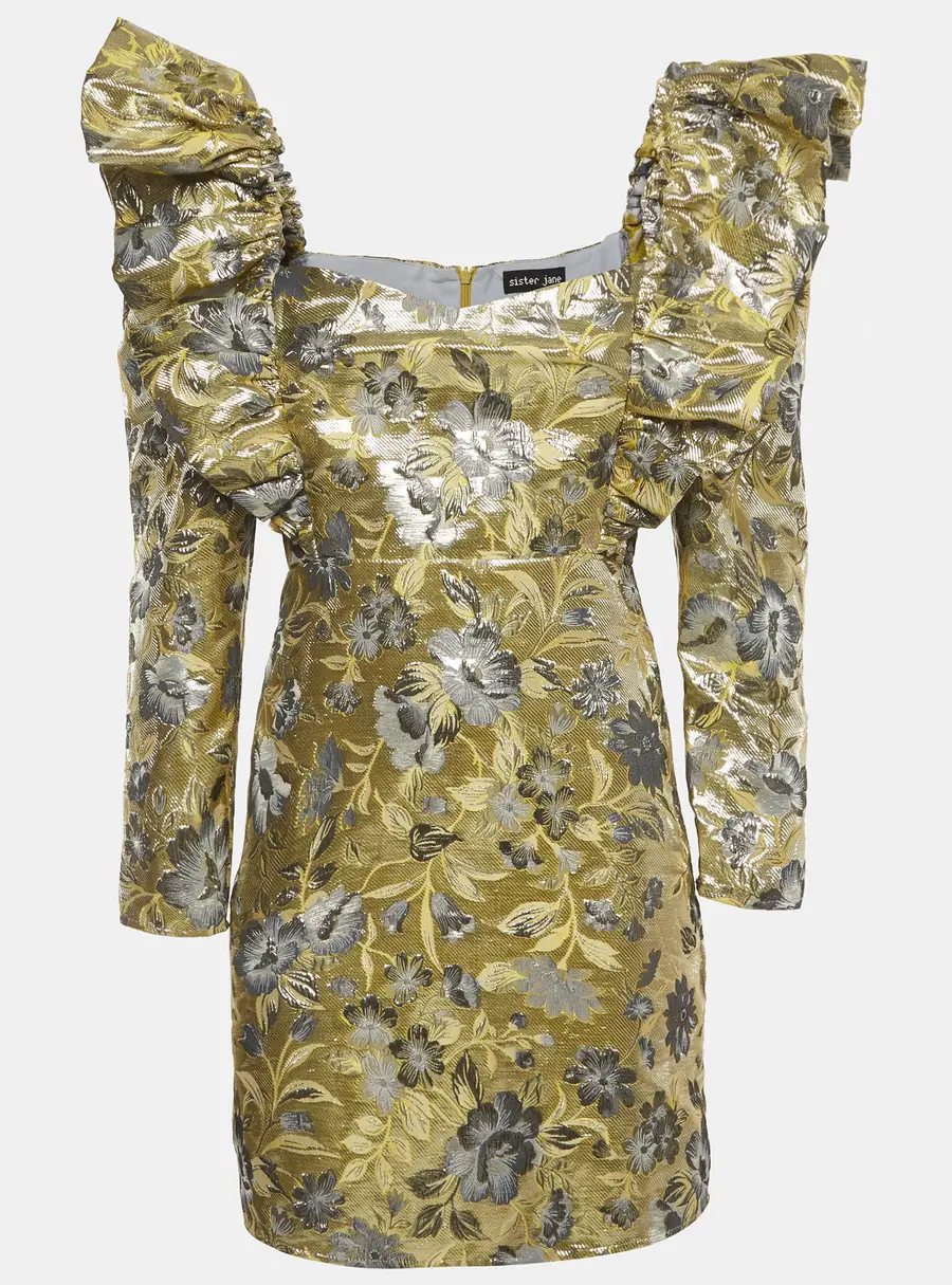 Sister Jane Gold/Silver Floral Pattern Jacquard Puff Sleeve Mini Dress S