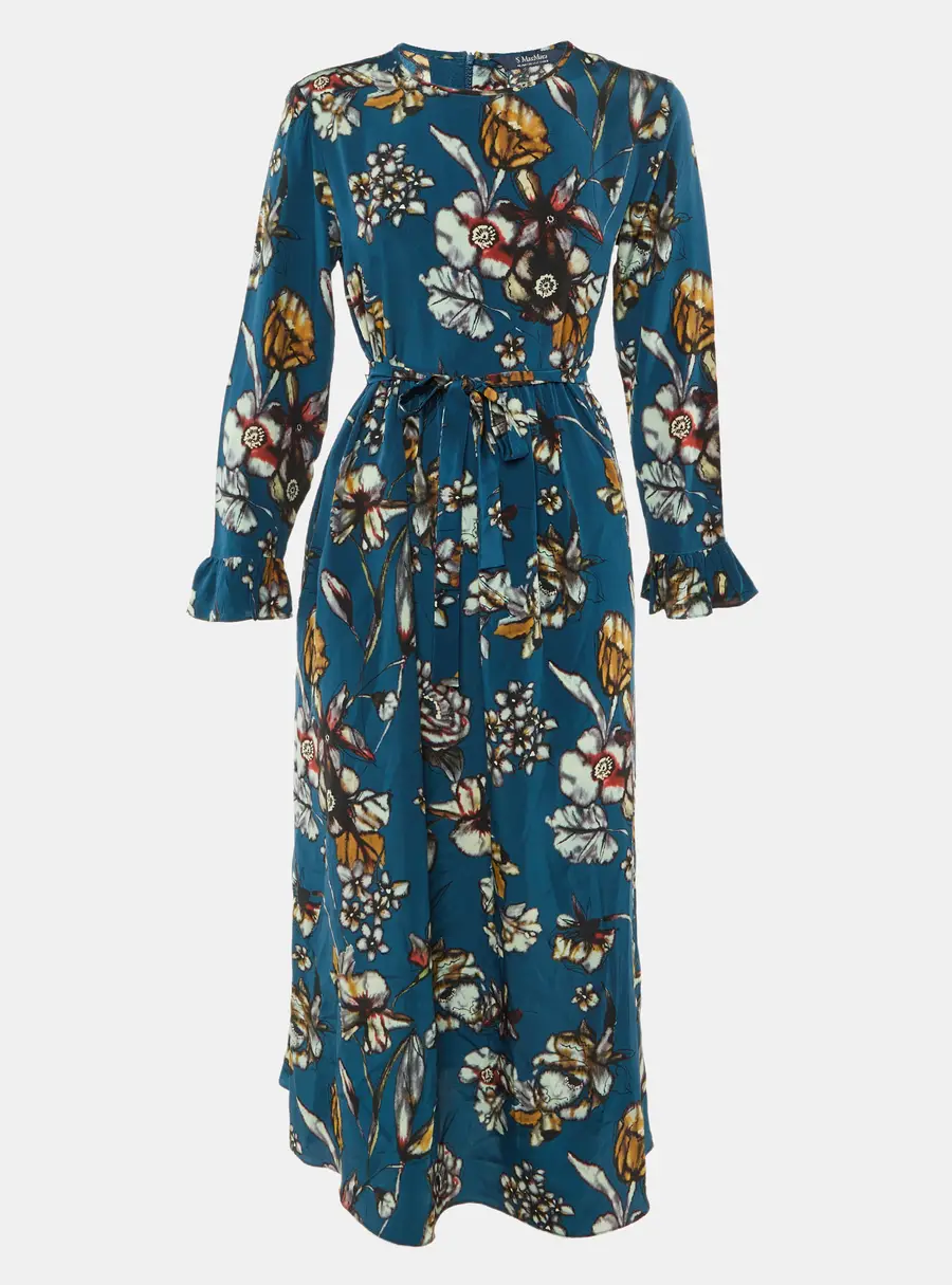 S' Max Mara Teal Blue Floral Print Silk Midi Dress L