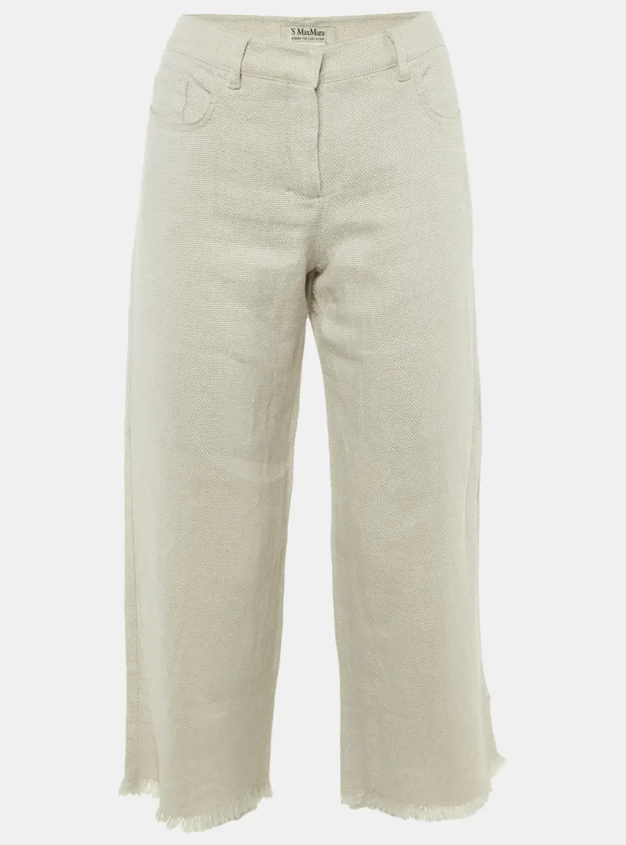 S'Max Mara Beige Textured Linen Frayed Hem Trousers M
