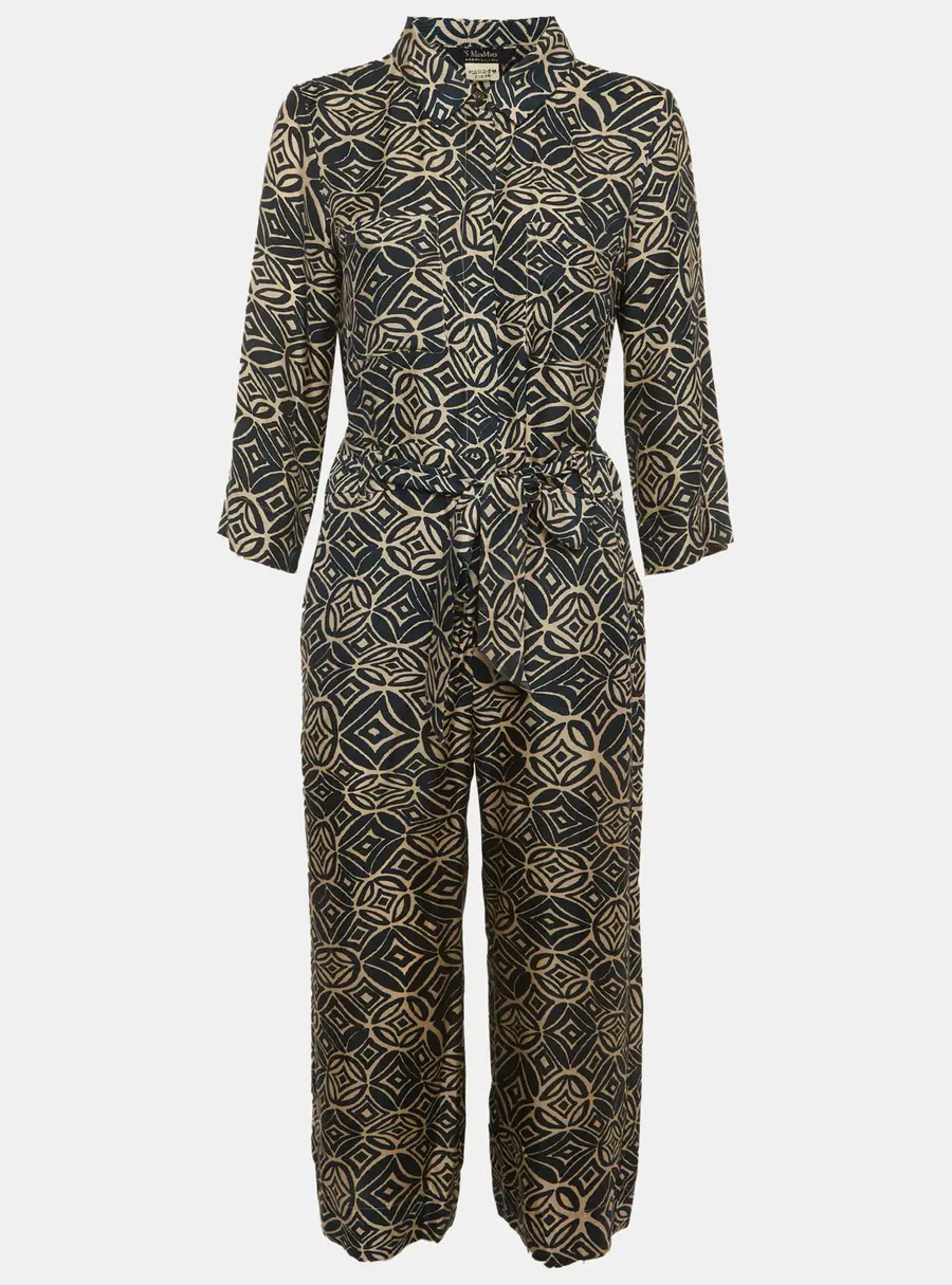 S'Max Mara Beige/Teal Geometric Print Satin Collar Jumpsuit M
