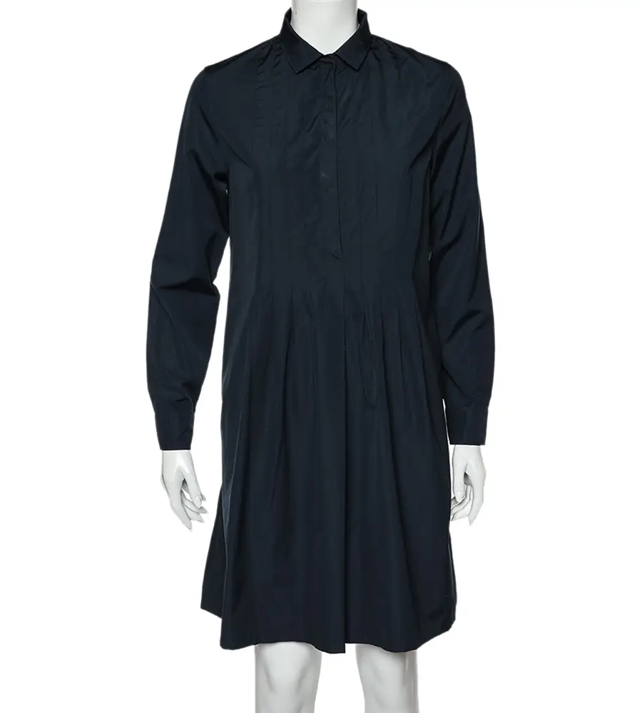 S'Max Mara Navy Blue Cotton Pleated Shirt Dress M