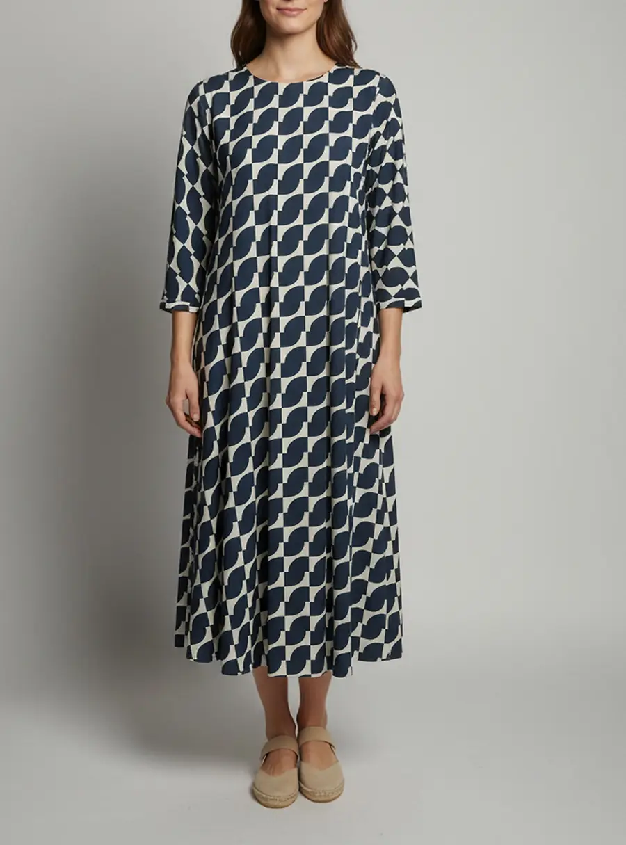 'S Max Mara Navy Blue Echo Print Cotton Midi Dress M