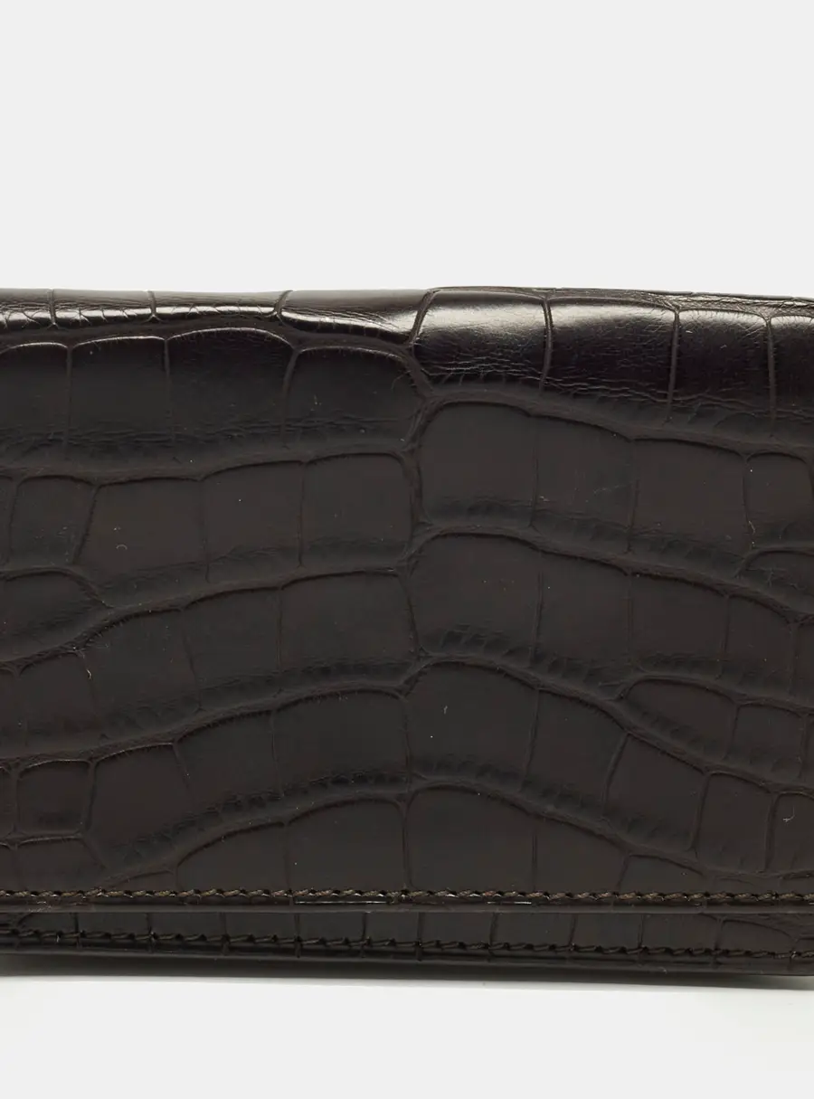 Smythson Black Croc Embossed Leather Flap Card Case