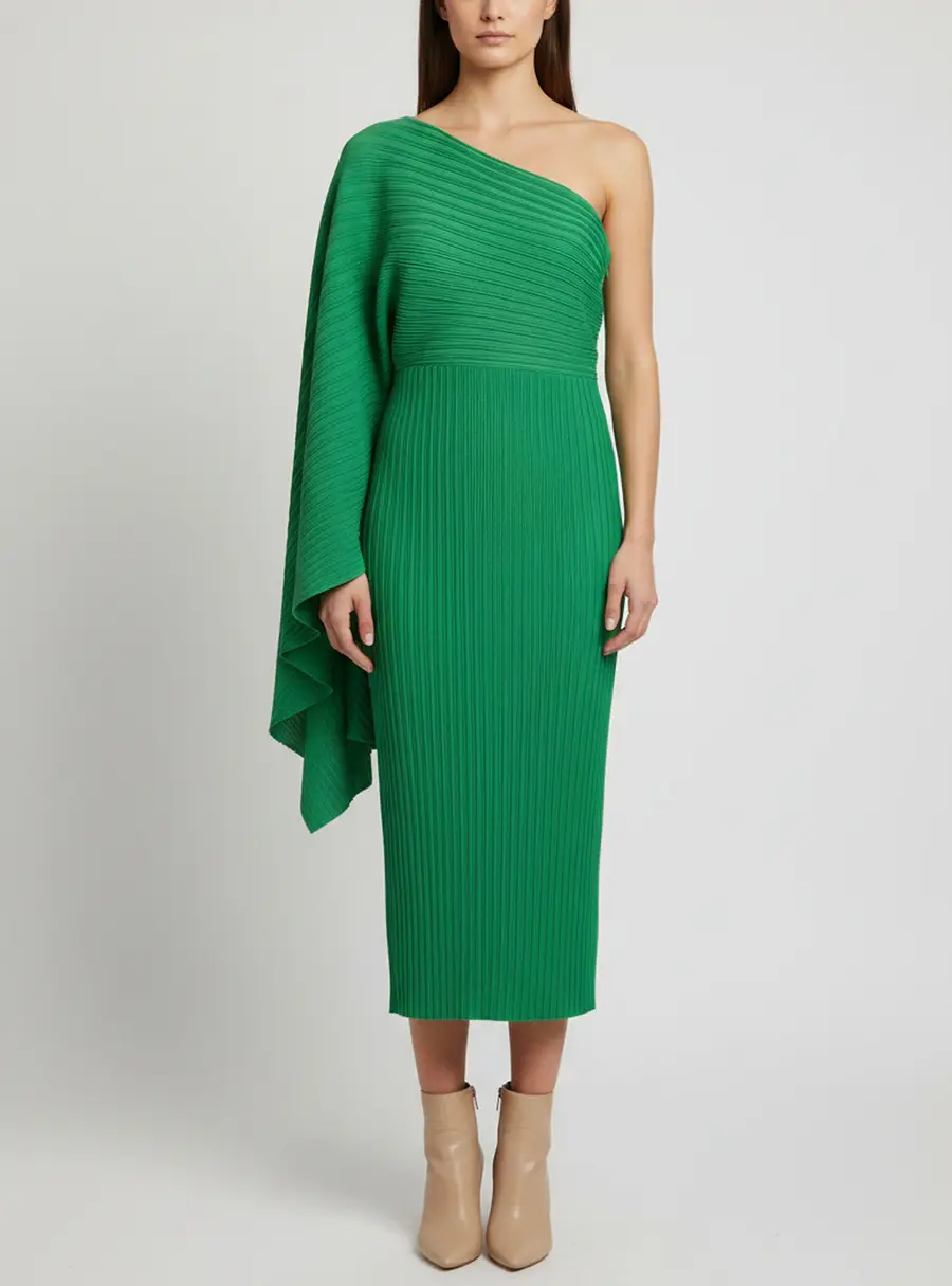 Solace London Green Plisse One Shoulder Lenna Midi Dress L