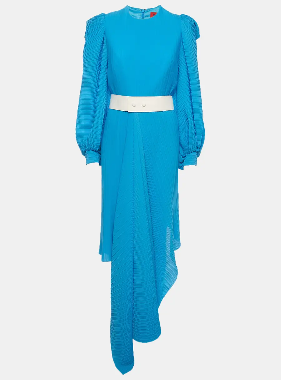 Solace London Blue Pliss&eacute; Asymmetric Belted Tilde Maxi Dress M
