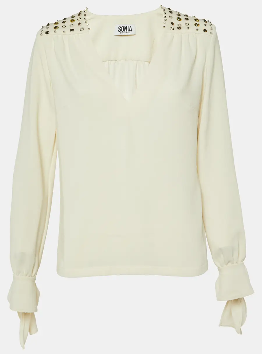 Sonia by Sonia Rykiel Cream Crepe Embellished V-Neck Top M