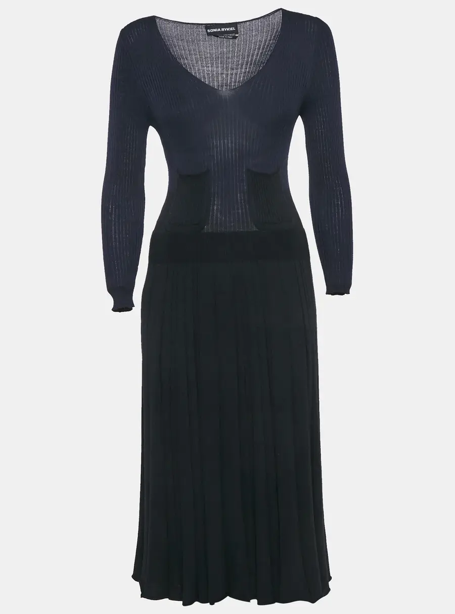 Sonia Rykiel Navy Blue/Black Rib Knit V-Neck Midi Dress M