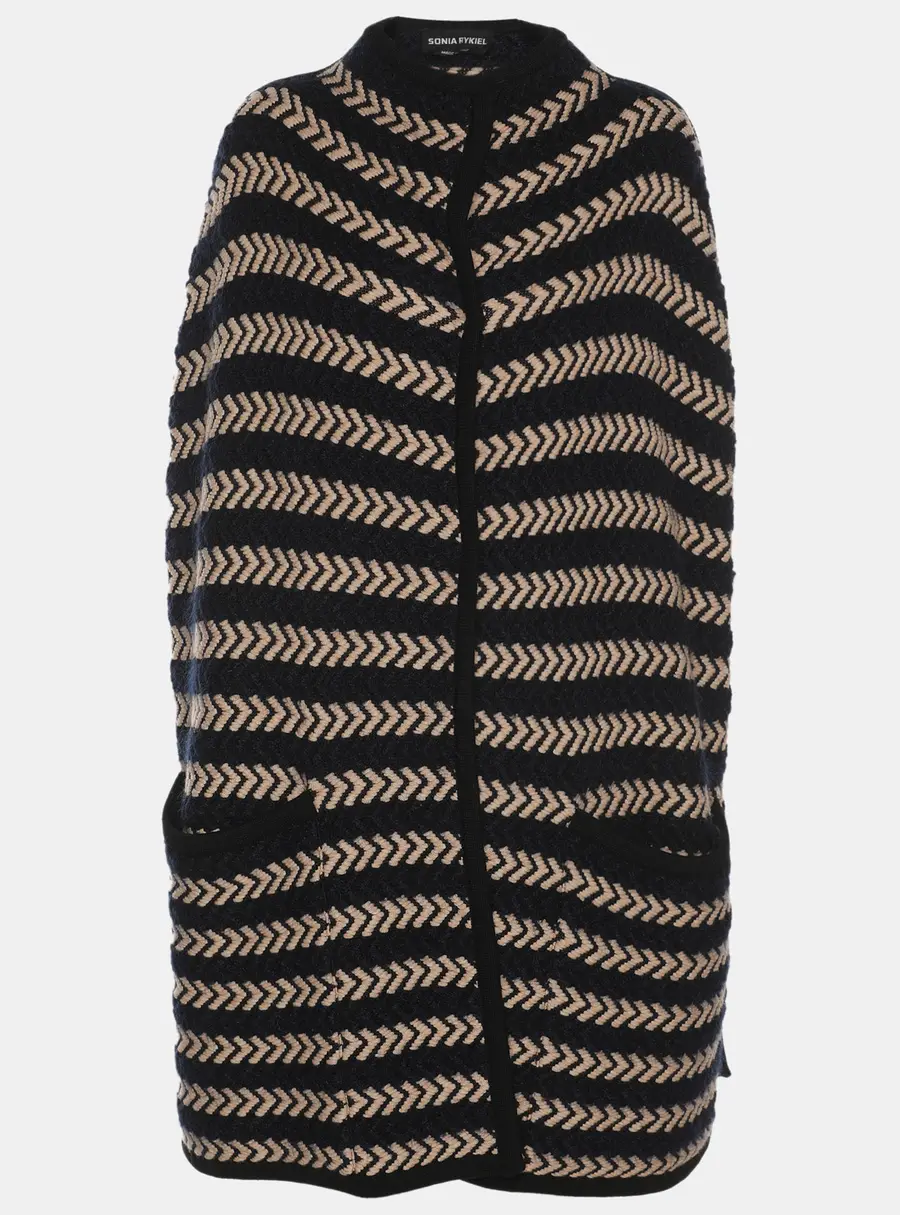 Sonia Rykiel Navy Blue/Beige Stripe Wool Blend Cape L