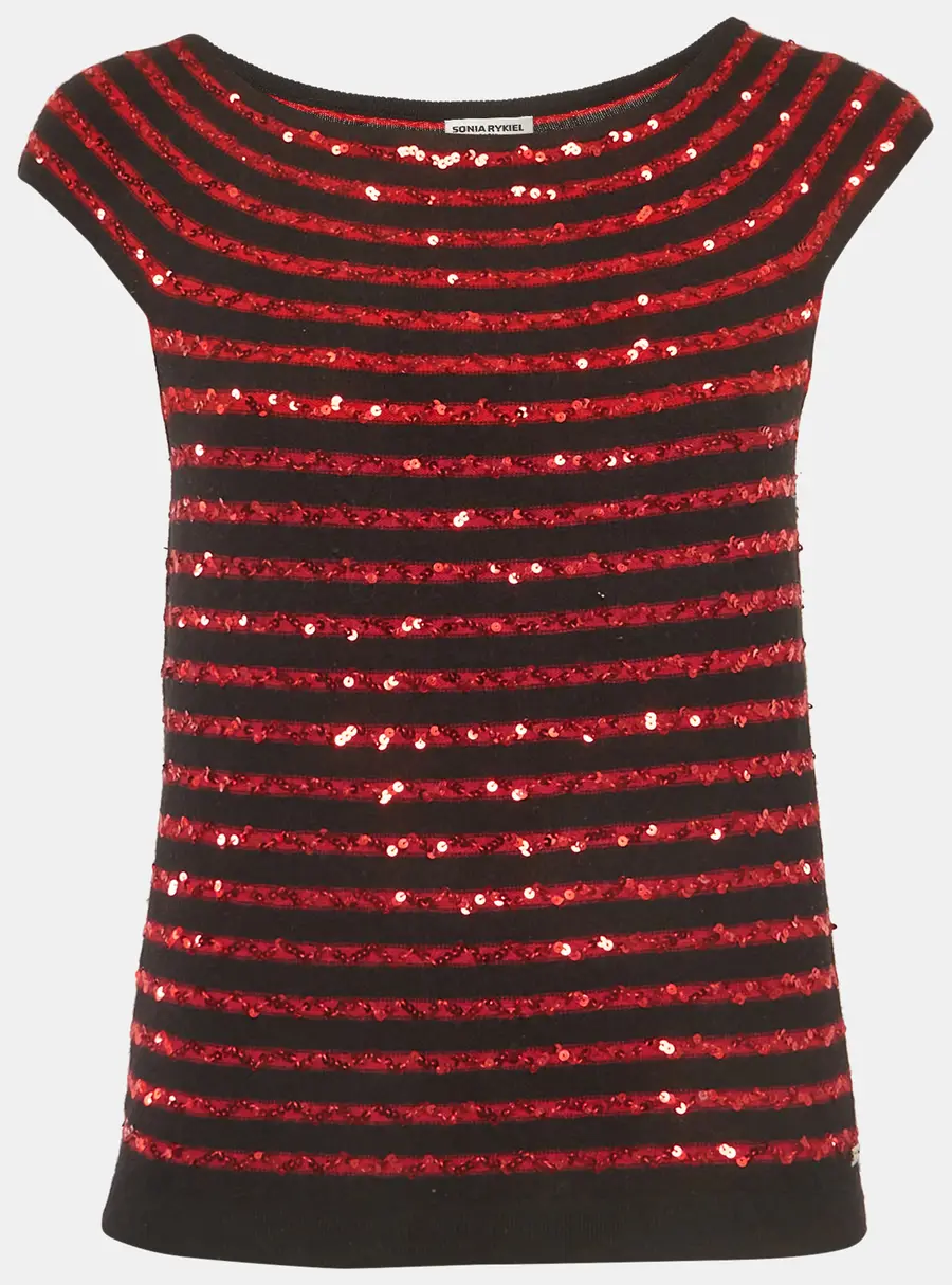 Sonia Rykiel Black/Red Sequin Striped Cashmere Top L