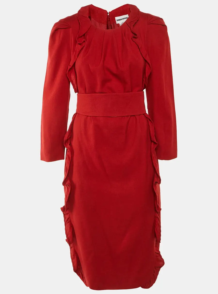 Sonia Rykiel Red Wool & Silk Belted Midi Dress L