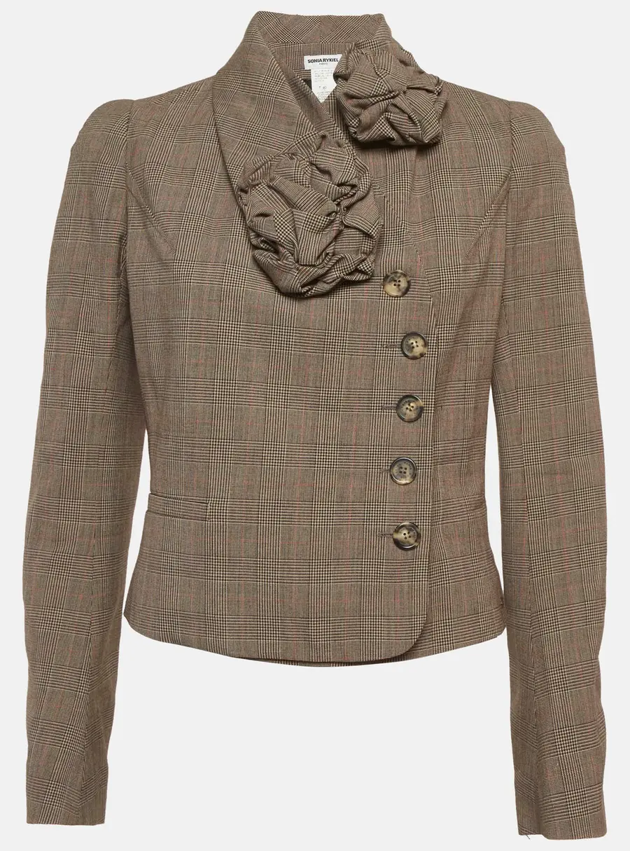 Sonia Rykiel Grey Prince of Wales Wool Rose Applique Blazer M