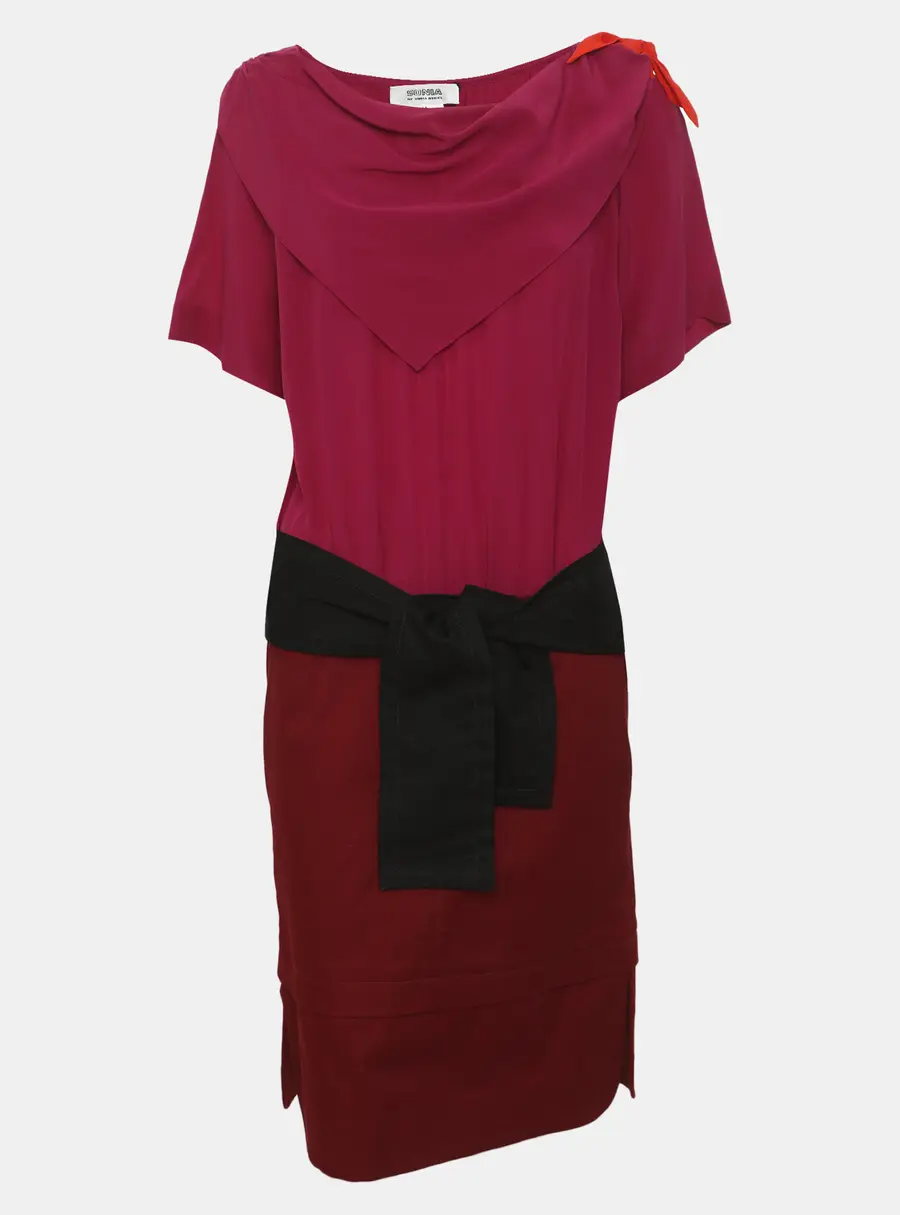 Sonia Rykiel Purple/Burgundy Crepe and Denim Knee Length Belted Dress M