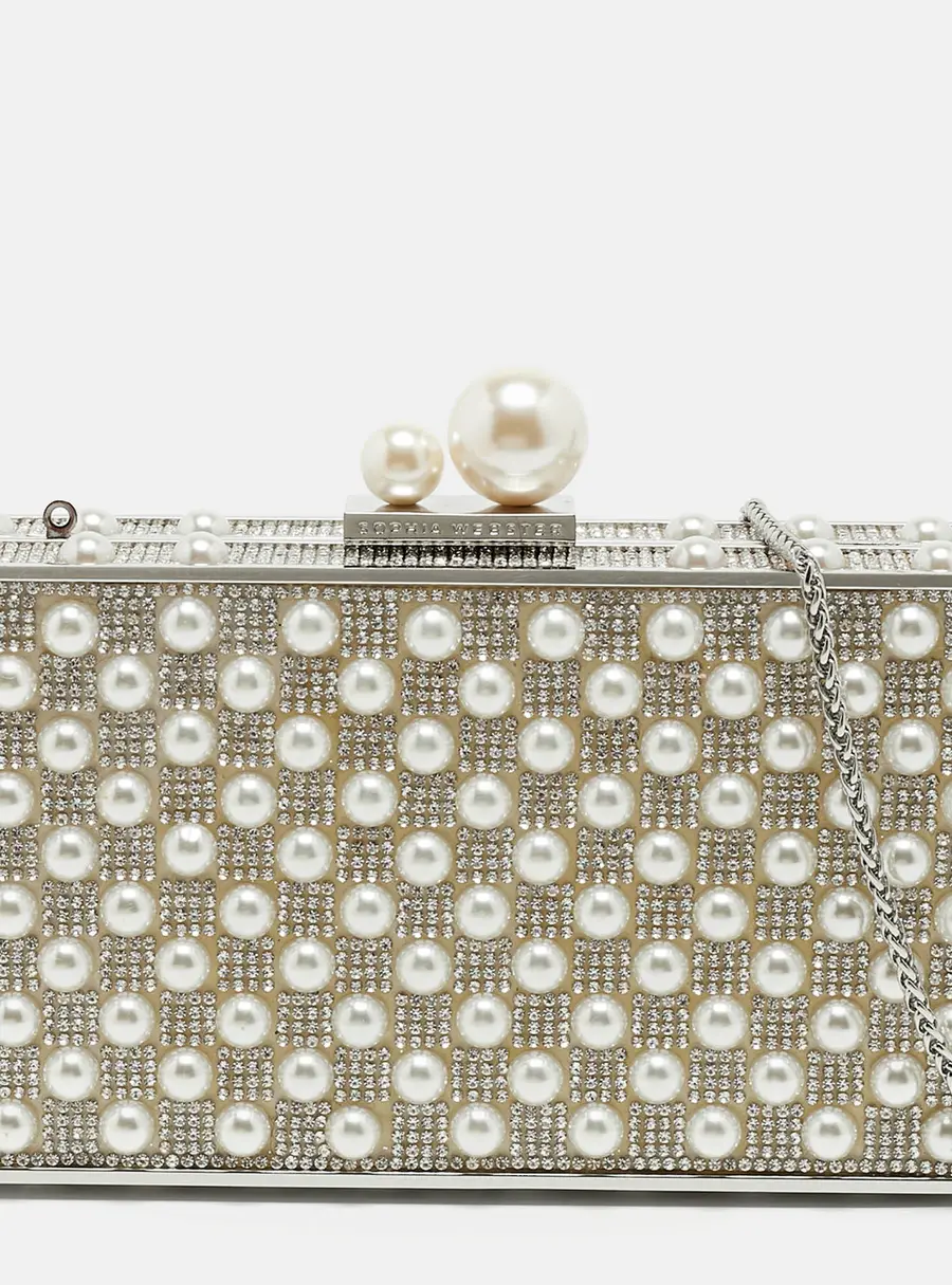 Sophia Webster Crystal and Pearl Embellished Clara Silver Box Chain Clutch
