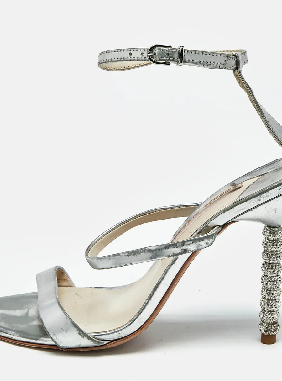 Sophia Webster Rose Silver Leather Rosalind Crystal Heel Ankle Strap Sandals Size 38.5