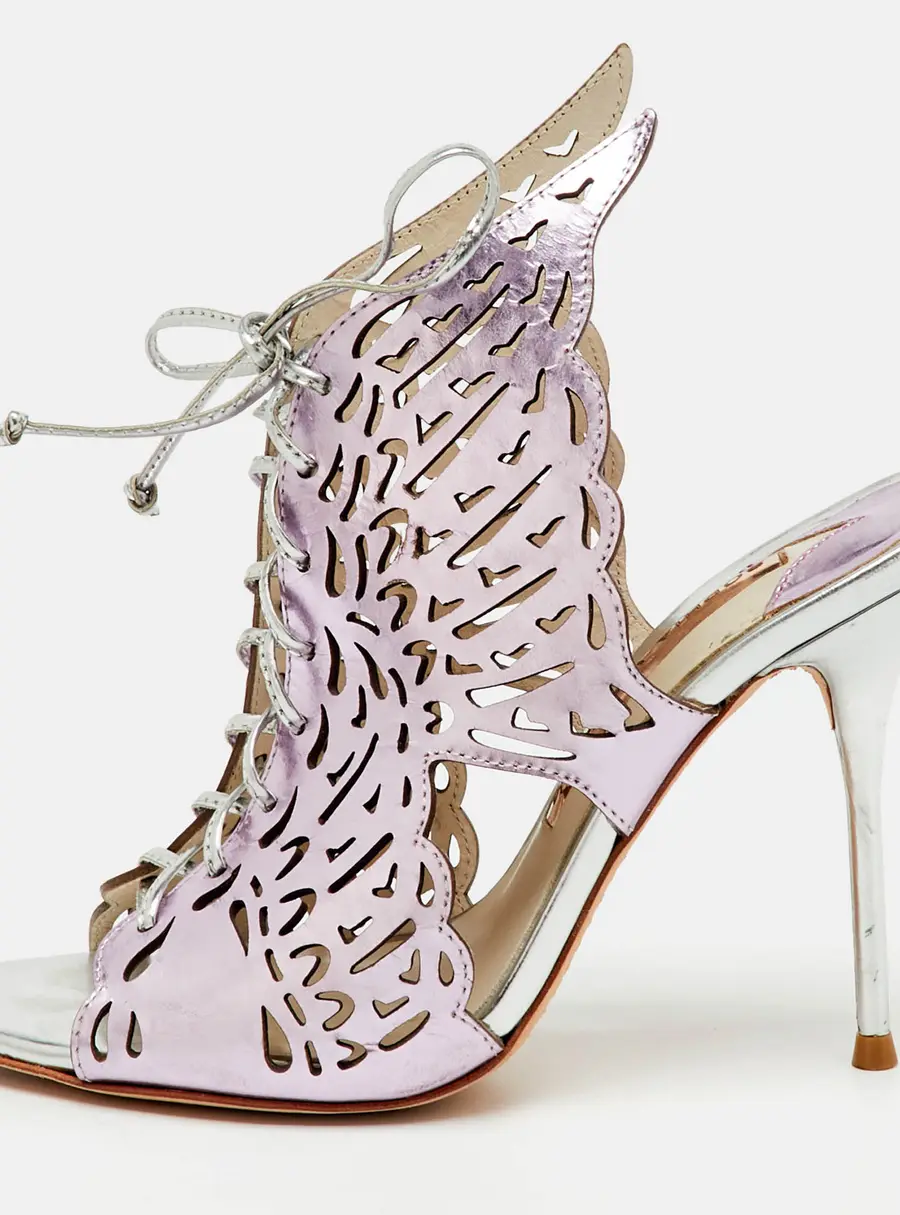Sophia Webster Metallic Purple Laser Cut Foil Leather Cherub Winged Lace Up Mule Sandals Size 36
