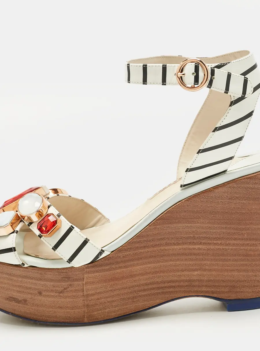 Sophia Webster White Leather Suki Gem Ankle Strap Wedge Sandals Size 40.5