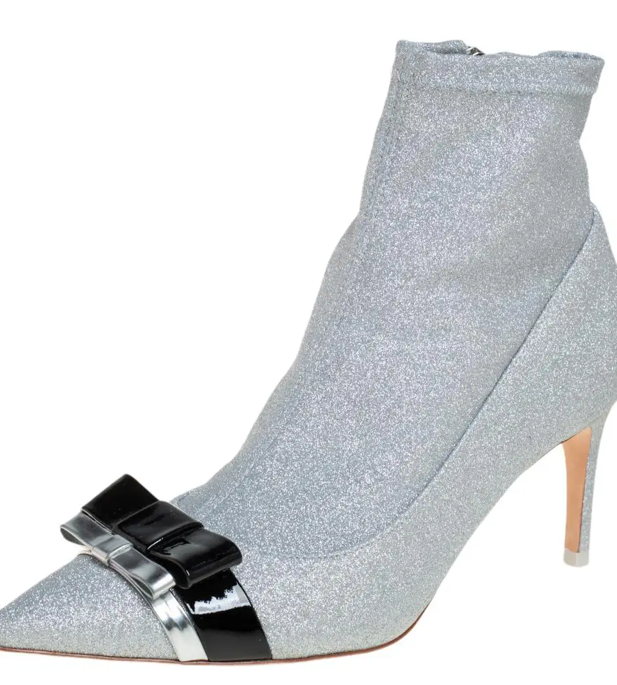 Sophia Webster Silver Glitter Fabric Andie Bow Ankle Booties Size 38