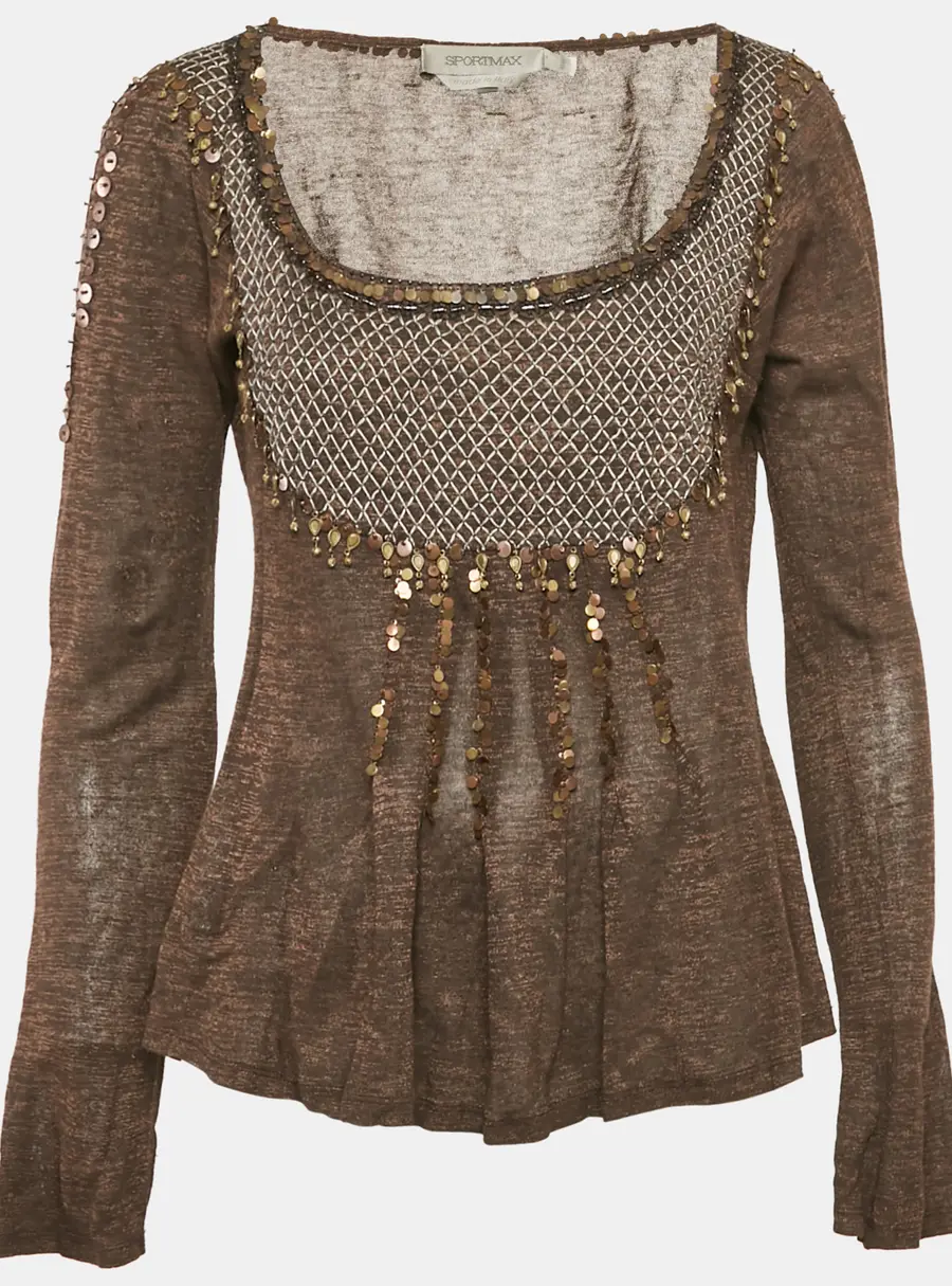 Sportmax Brown Embellished Lurex Knit Long Sleeve Top L