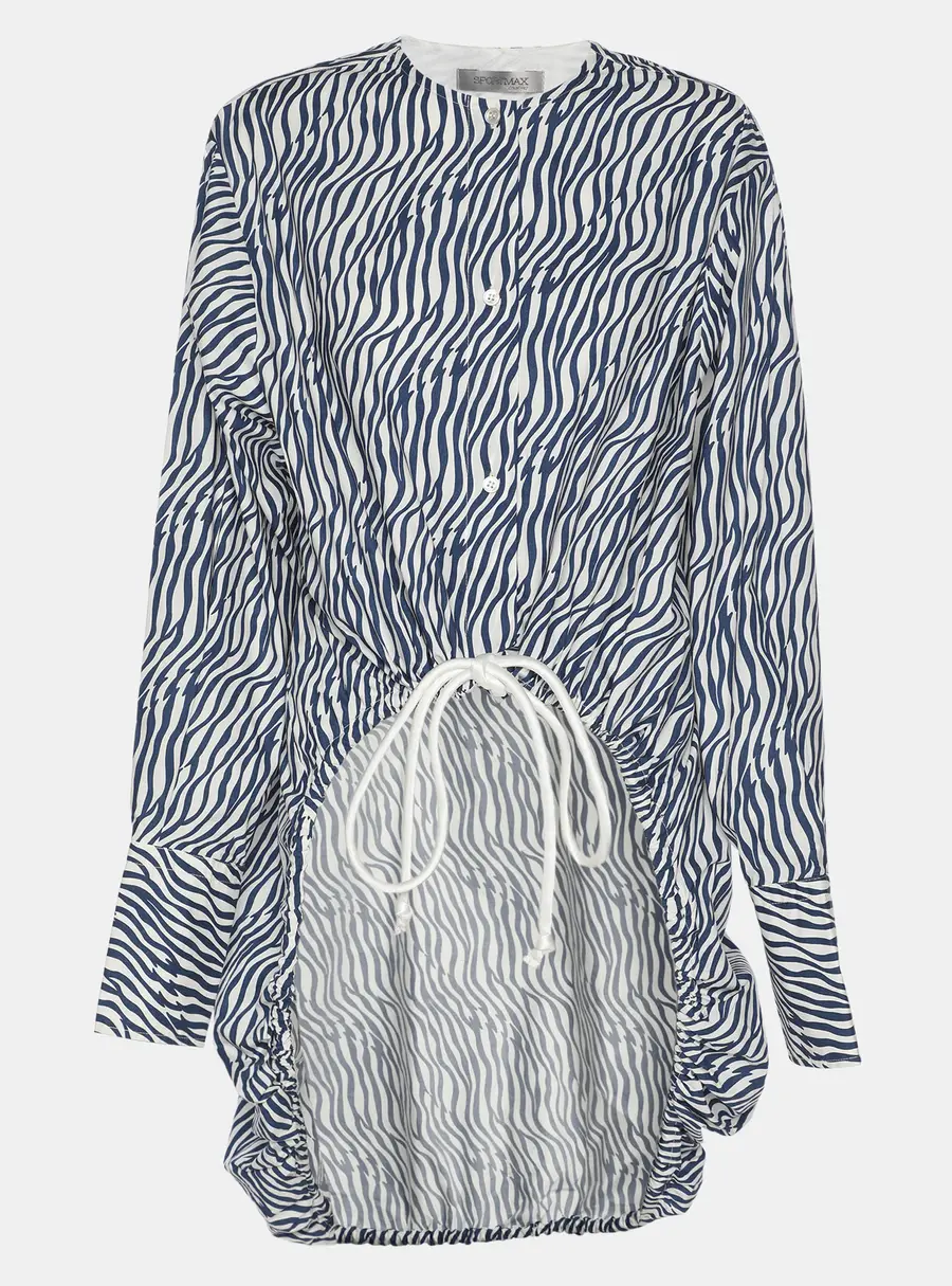 Sportmax Blue/White Animal Print Cotton Drawstring Long Sleeve Top S