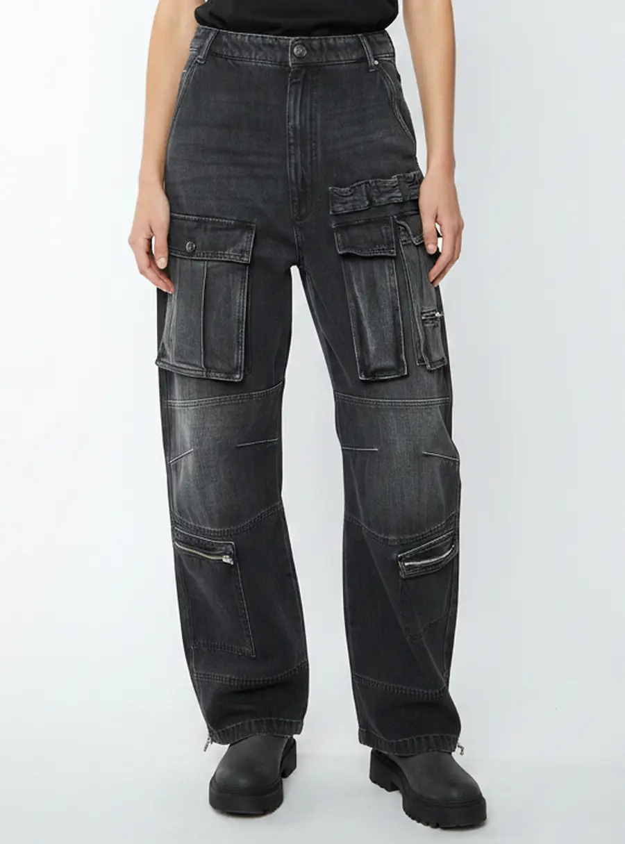 Sportmax Black Denim Combat Bottoms Giraffa Jeans S/Waist 26"