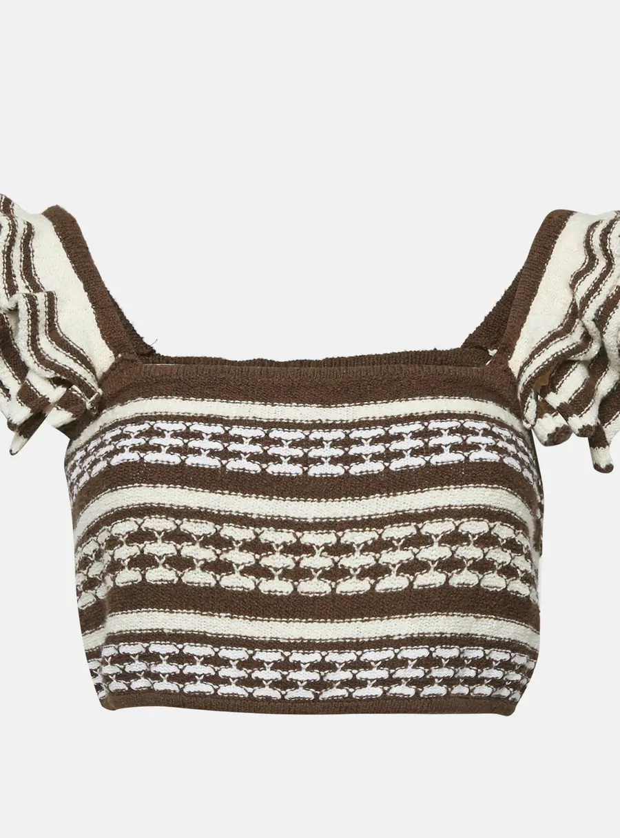 Tularosa Brown Cotton Knit Ruffle Sleeve Crop Top M