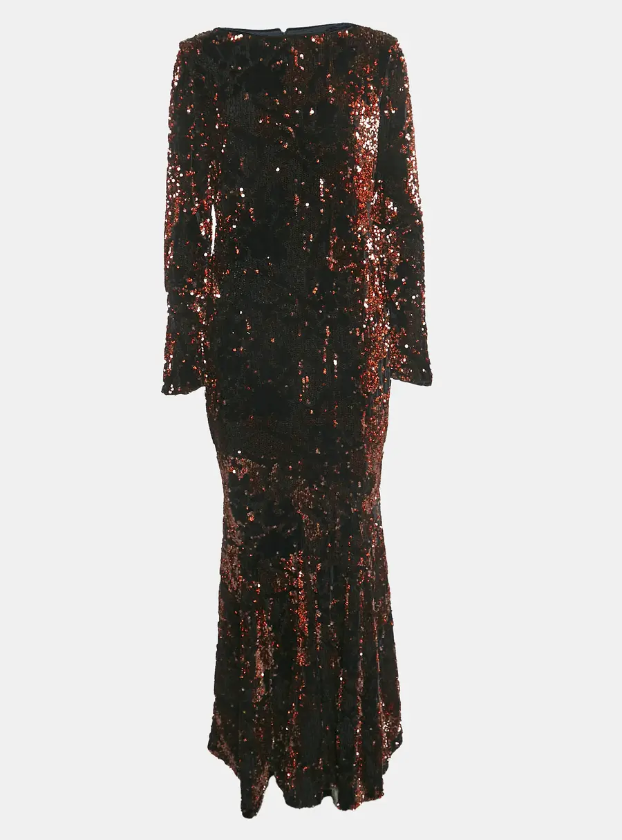 Talbot Runhof Black Sequin Velvet Long Sleeve Gown M