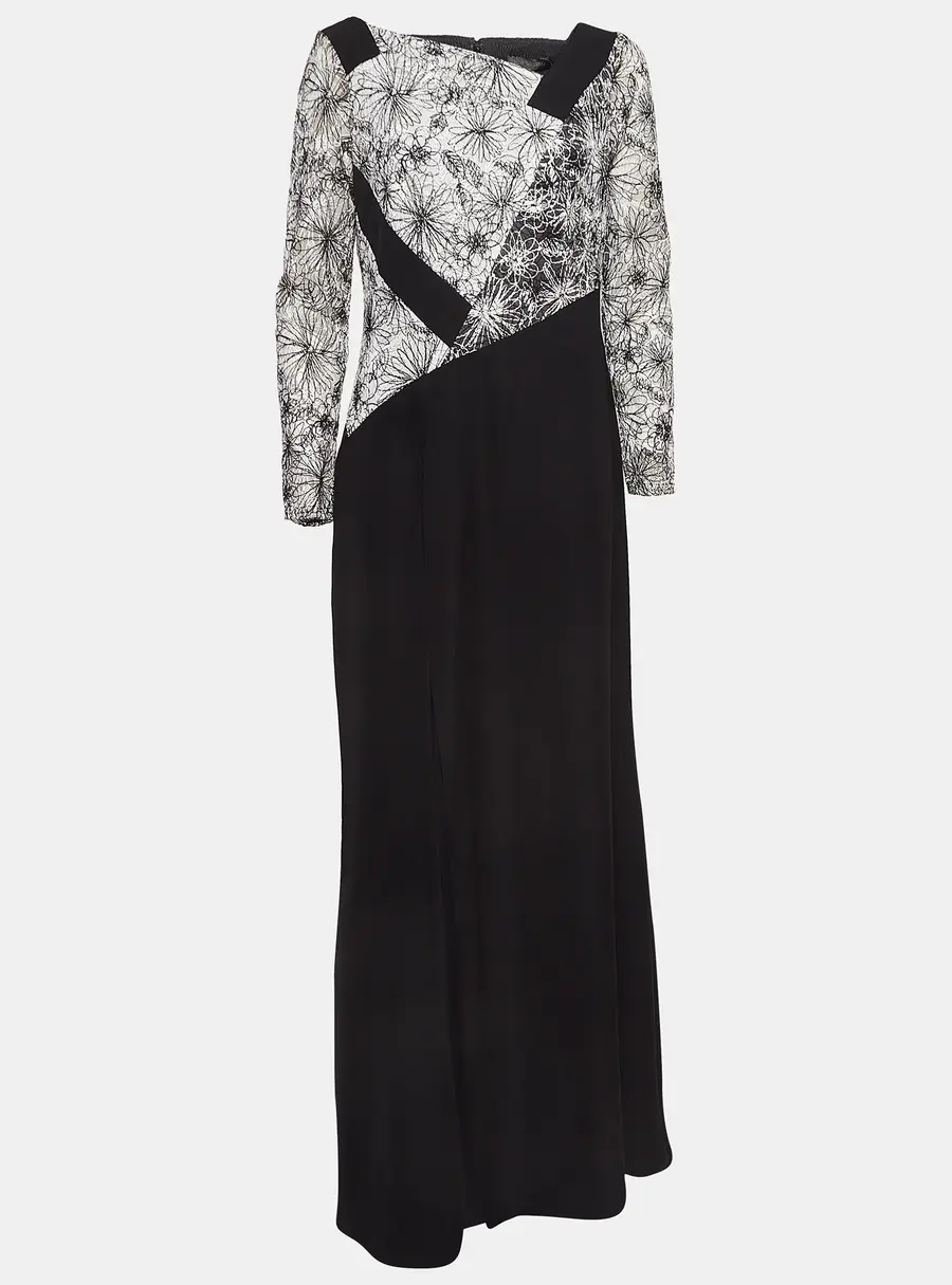 Tadashi Shoji Black/White Floral Embroidered Tulle and Crepe Maxi Dress L