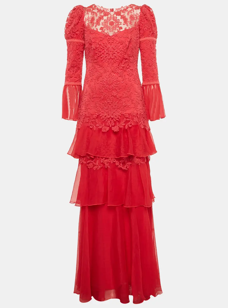Tadashi Shoji Pink Chiffon and Tulle Tiered Moreau Gown S