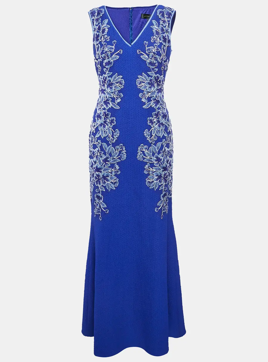 Tadashi Shoji Blue Floral Embroidery Textured Crepe Sleeveless Gown S