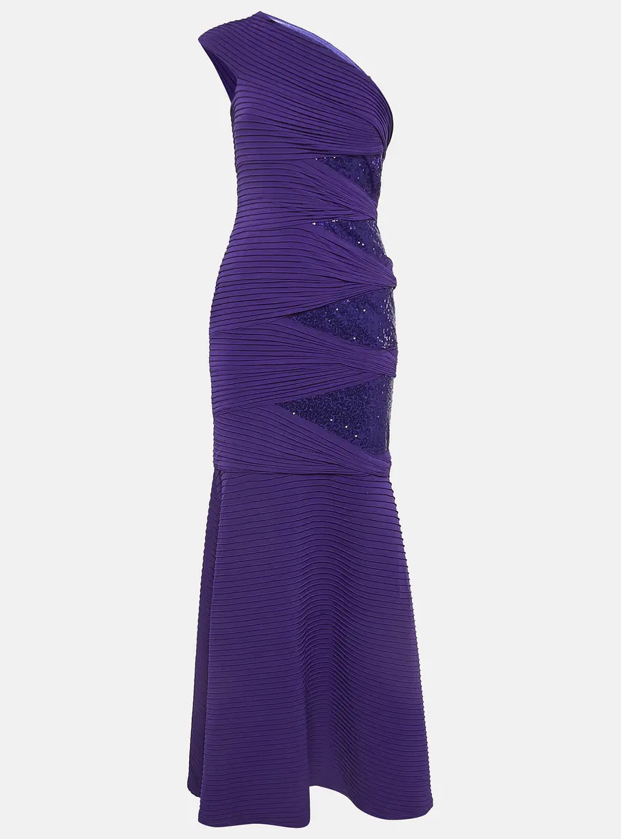 Tadashi Shoji Purple Pintuck Jersey Sequin Detail One Shoulder Gown XL