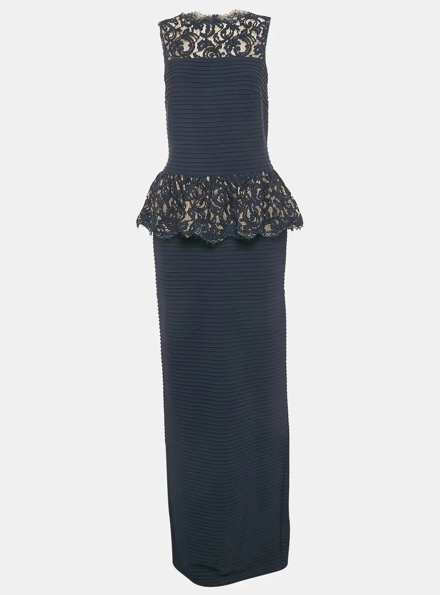 Tadashi Shoji Navy Blue Jersey Sleeveless Lace Trimmed Gown S
