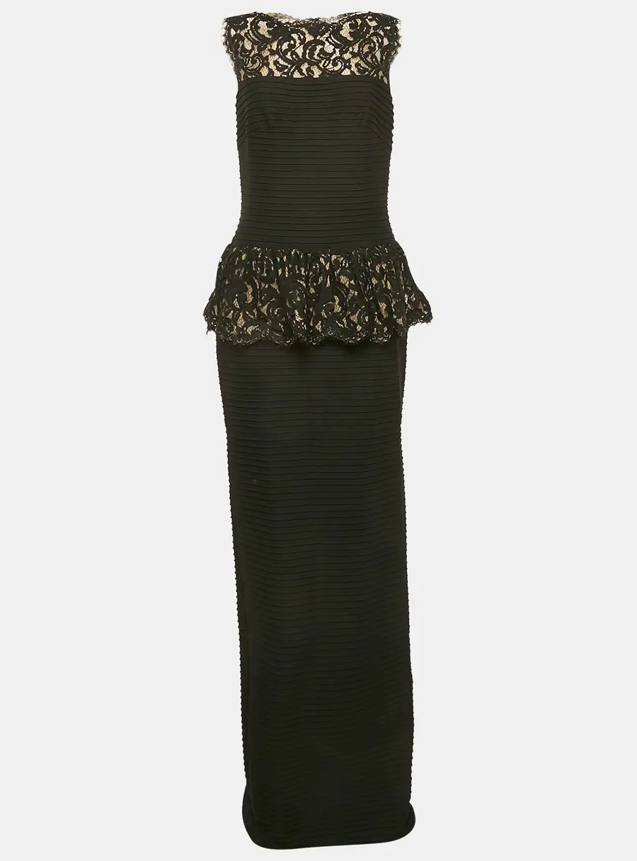 Tadashi Shoji Black Lace and Pleated Jersey Peplum Sleeveless Gown M