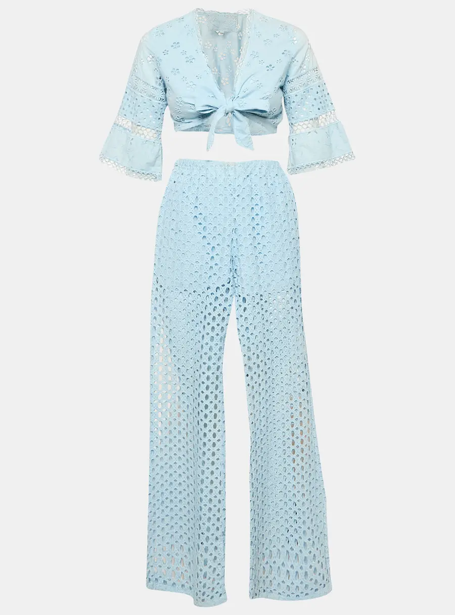 Temptation Positano Blue Broderie Anglaise Wrap top and Pants Set XS