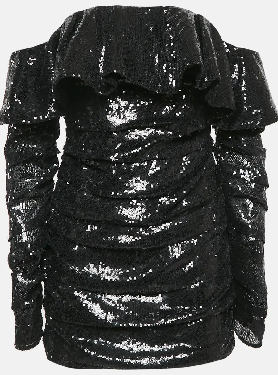 The Attico Black Sequin Ruffled Mini Dress S