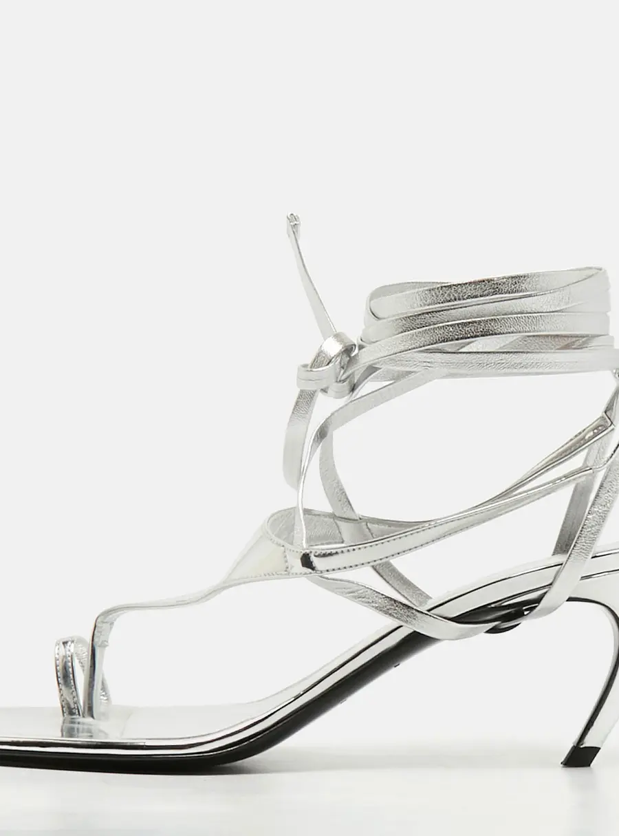 The Attico Size 40 Silver Leather and Patent Leather Strappy Thong Sandals