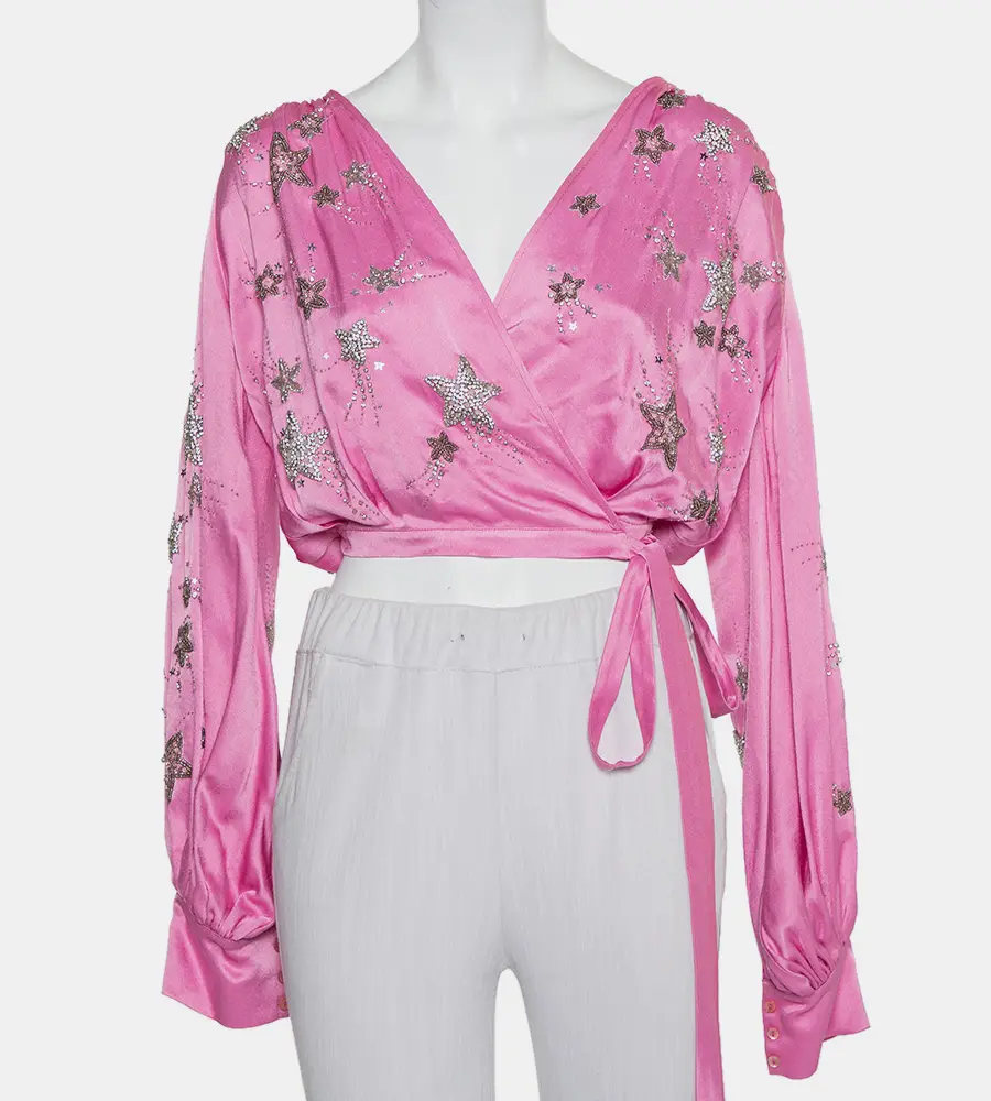 Attico Pink Satin Bead Embellished Wrap Blouse S