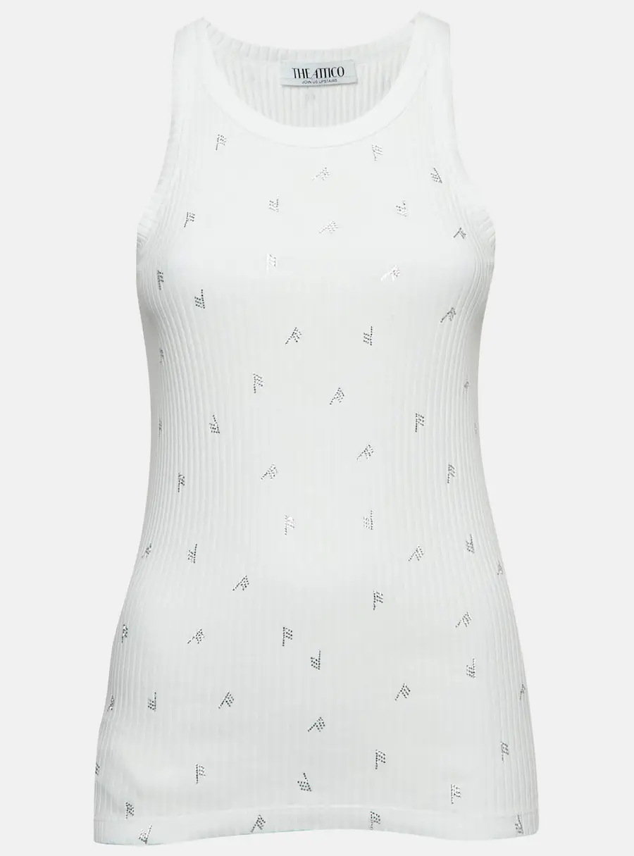 The Attico White F Rhinestone Rib Knit Tank Top M