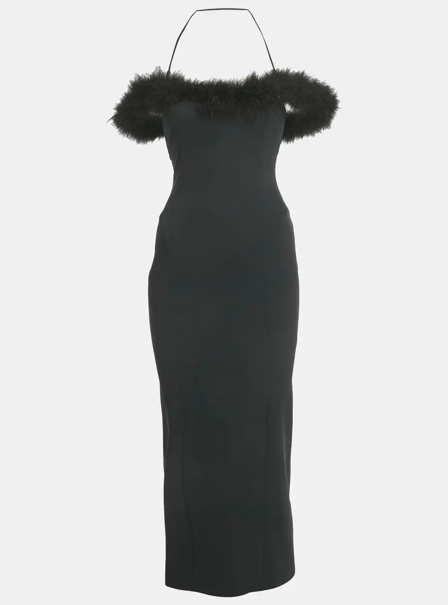 The Attico Black Feather Trim Jersey Midi Dress XS