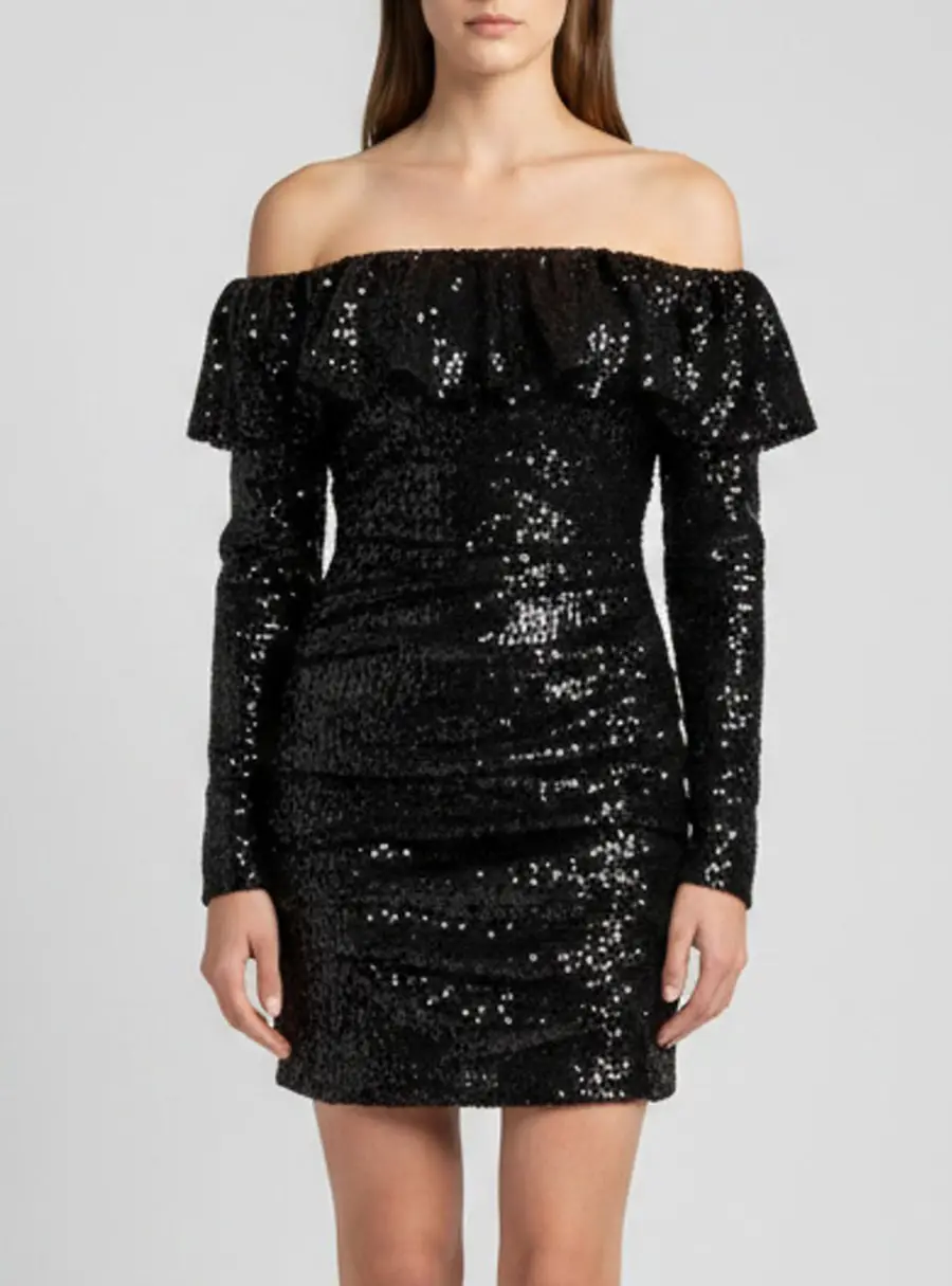 The Attico Black Sequined Off Shoulder Ruched Mini Dress M