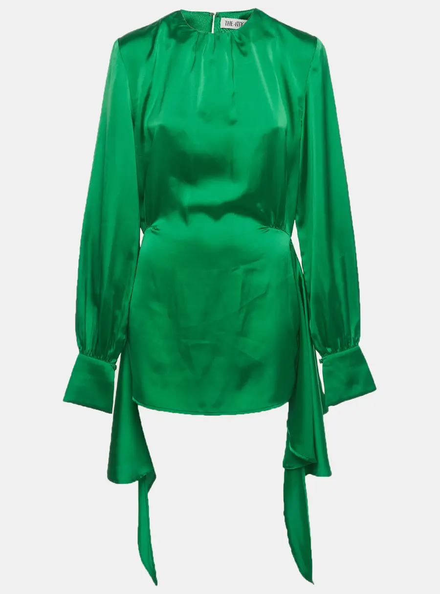 The Attico Green Satin Tie Long Sleeve Mini Dress M