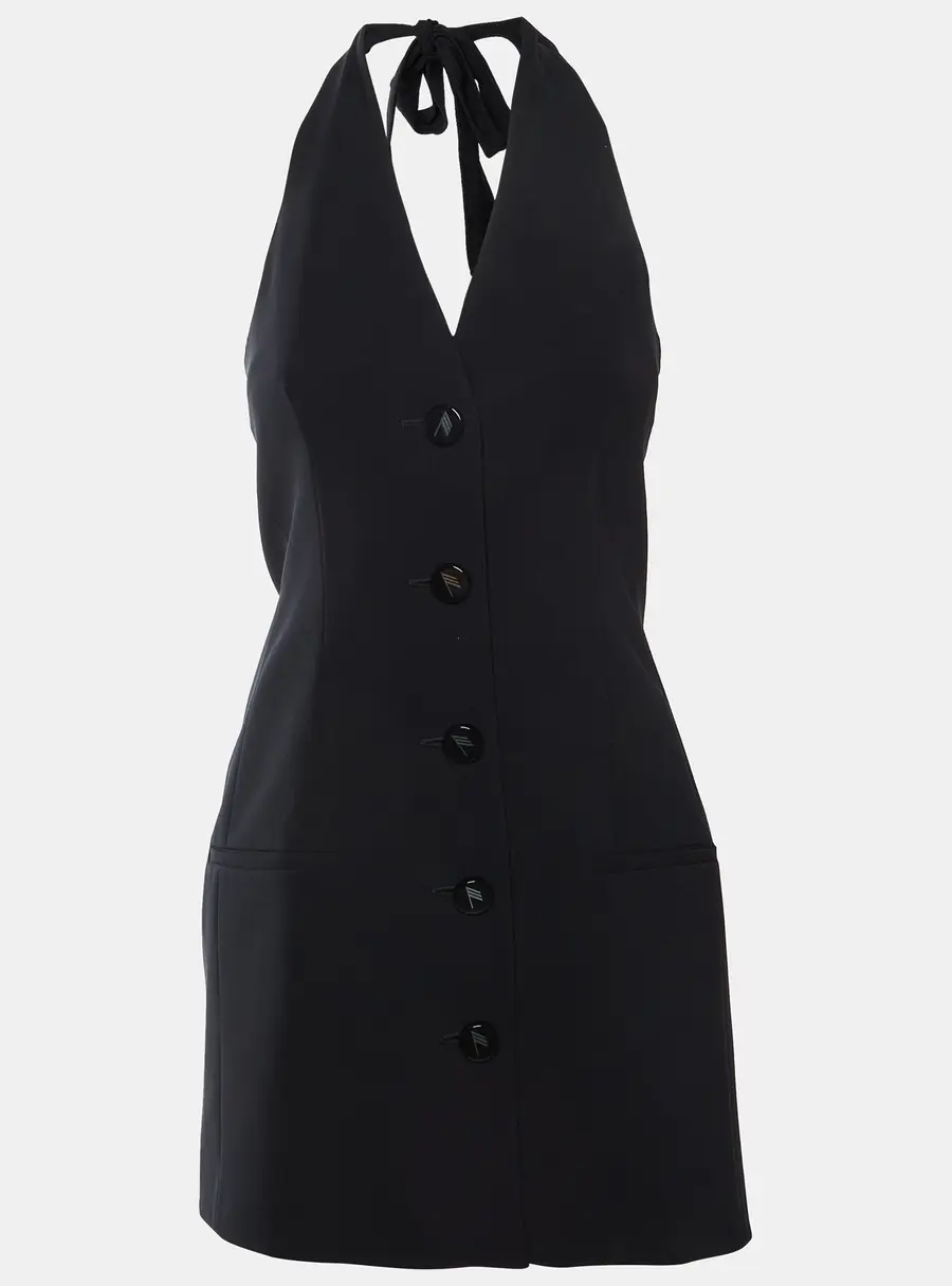 The Attico Black Wool Blend Button Up Halter Neck Isabel Mini Dress S